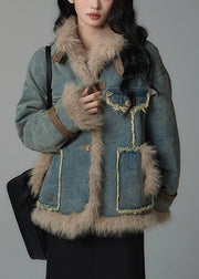 Plus Size Denim Blue Fluffy Pockets Patchwork Cotton Filled Parkas Winter