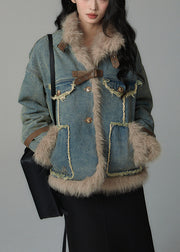 Plus Size Denim Blue Fluffy Pockets Patchwork Cotton Filled Parkas Winter