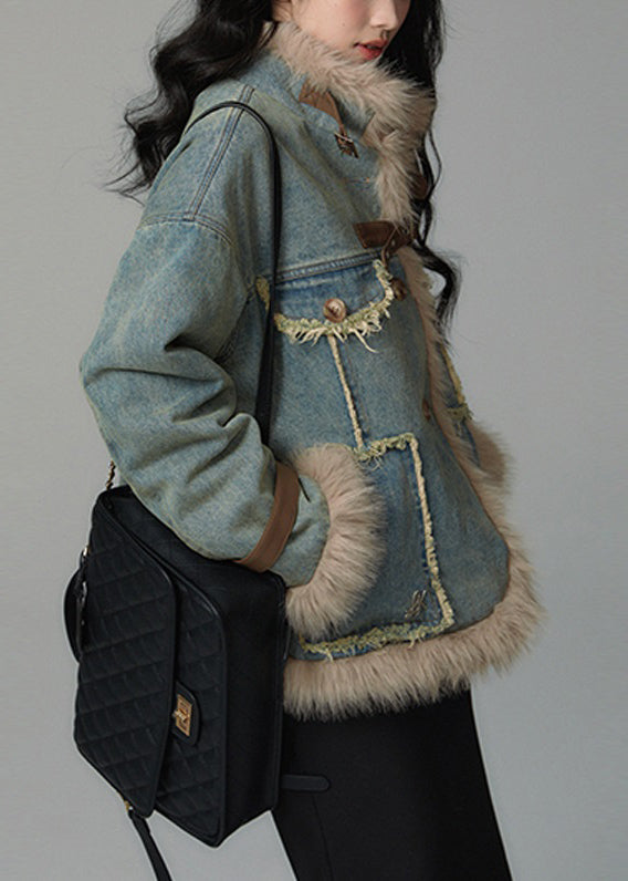 Plus Size Denim Blue Fluffy Pockets Patchwork Cotton Filled Parkas Winter