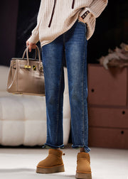 Plus Size Denim Blue Pockets Elastic Waist Fleece Pants Spring