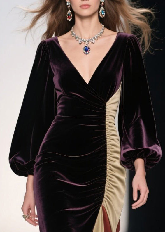 Plus Size Dull Purple Asymmetrical Patchwork Silk Velvet Evening Dress Spring