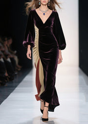 Plus Size Dull Purple Asymmetrical Patchwork Silk Velvet Evening Dress Spring
