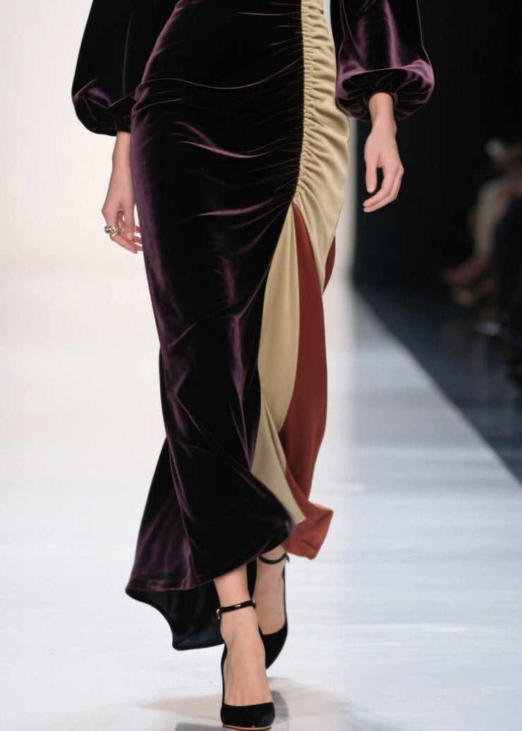 Plus Size Dull Purple Asymmetrical Patchwork Silk Velvet Evening Dress Spring