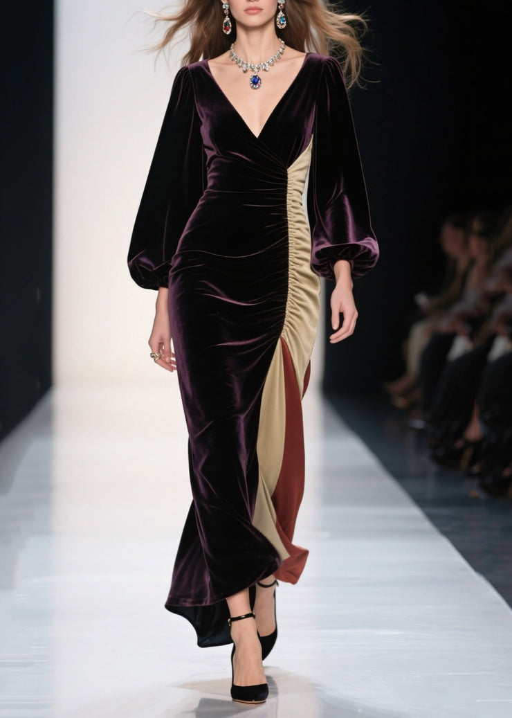 Plus Size Dull Purple Asymmetrical Patchwork Silk Velvet Evening Dress Spring
