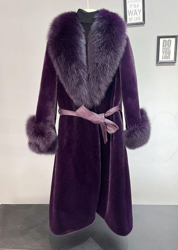 Plus Size Dull Purple Fox Collar Tie Waist Mink Velvet Trench Winter