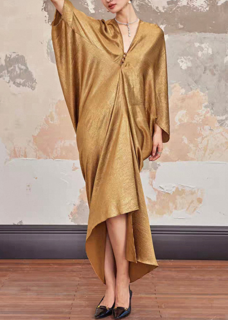 Plus Size Gold V Neck Solid Silk Long Dresses Batwing Sleeve