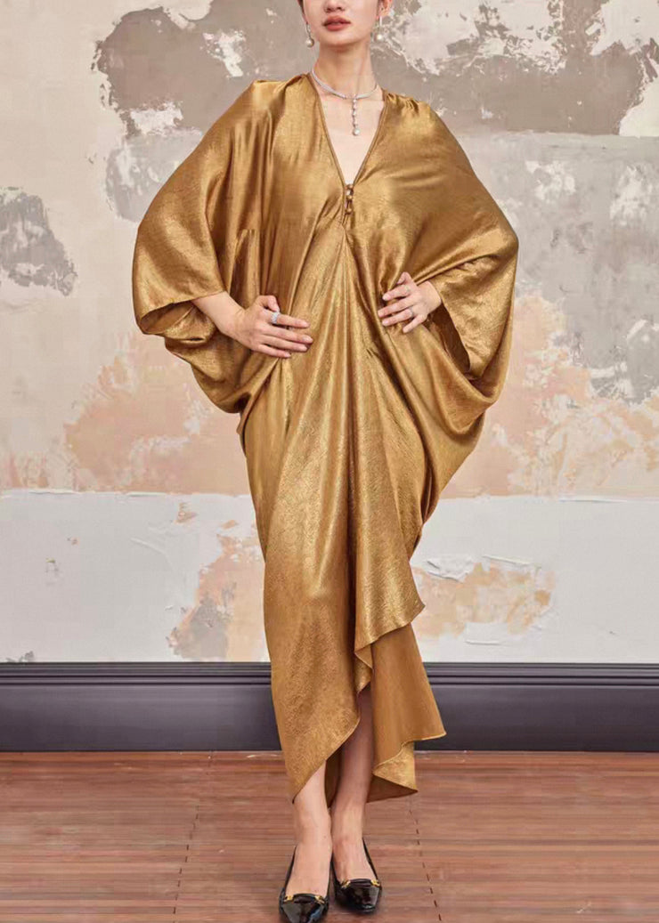 Plus Size Gold V Neck Solid Silk Long Dresses Batwing Sleeve