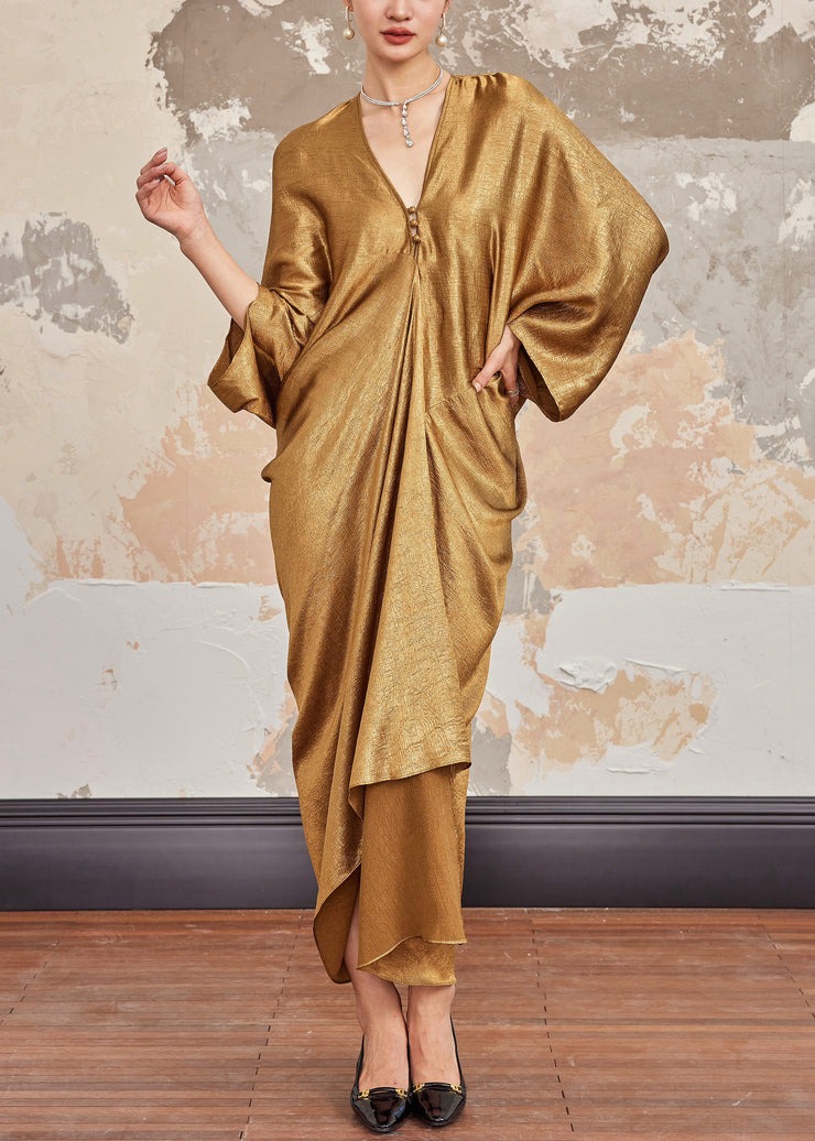 Plus Size Gold V Neck Solid Silk Long Dresses Batwing Sleeve
