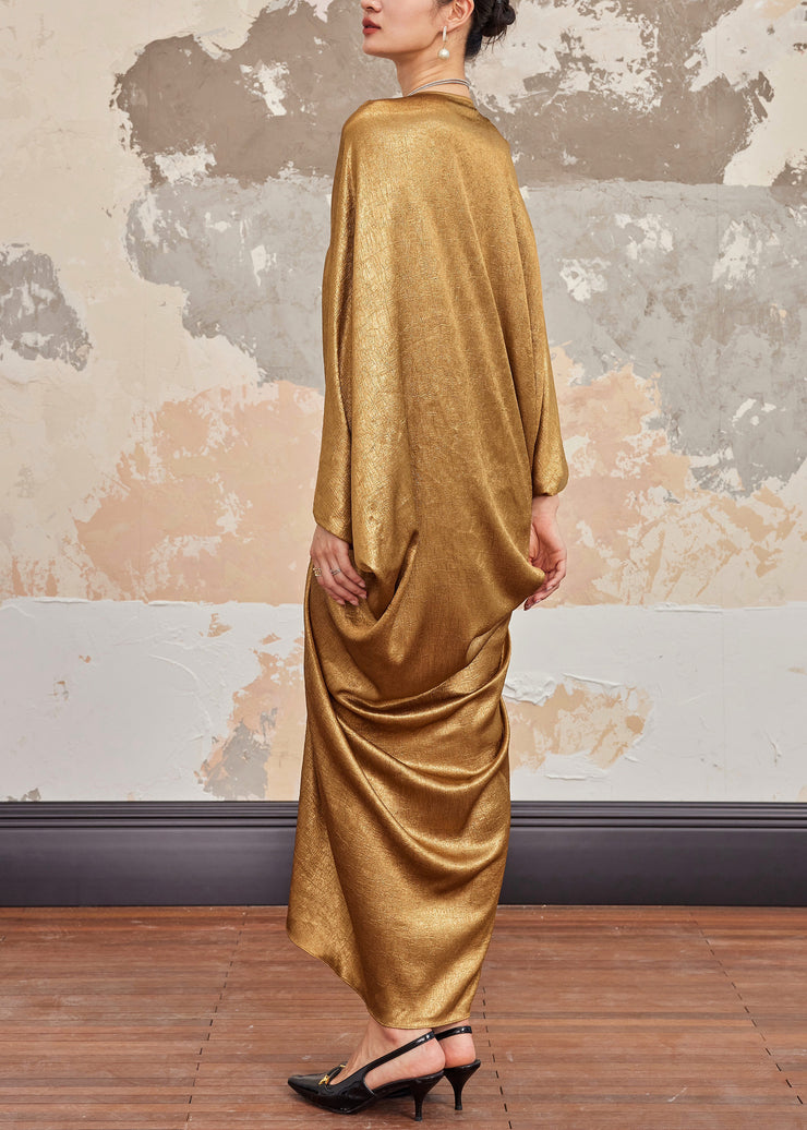 Plus Size Gold V Neck Solid Silk Long Dresses Batwing Sleeve