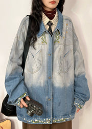 Plus Size Gradient Color Embroidered Pockets Denim Coats Fall