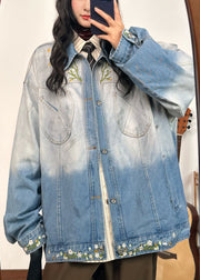 Plus Size Gradient Color Embroidered Pockets Denim Coats Fall