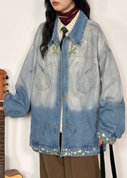 Plus Size Gradient Color Embroidered Pockets Denim Coats Fall