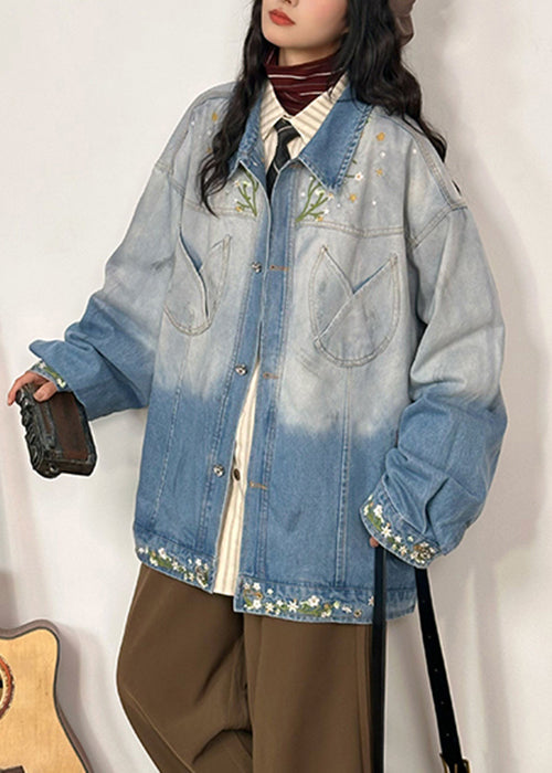Plus Size Gradient Color Embroidered Pockets Denim Coats Fall