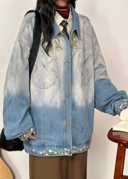 Plus Size Gradient Color Embroidered Pockets Denim Coats Fall