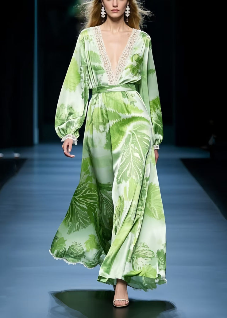 Plus Size Grass Green Print Draping Chiffon Maxi Dresses Spring
