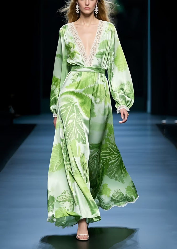 Plus Size Grass Green Print Draping Chiffon Maxi Dresses Spring