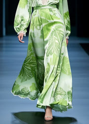 Plus Size Grass Green Print Draping Chiffon Maxi Dresses Spring