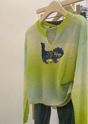 Plus Size Grass Green V Neck Tie Dye Knit Sweater Spring