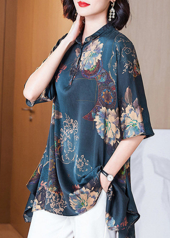 Plus Size Green Asymmetrical Print Silk Shirt Summer