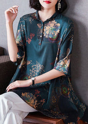 Plus Size Green Asymmetrical Print Silk Shirt Summer