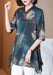 Plus Size Green Asymmetrical Print Silk Shirt Summer