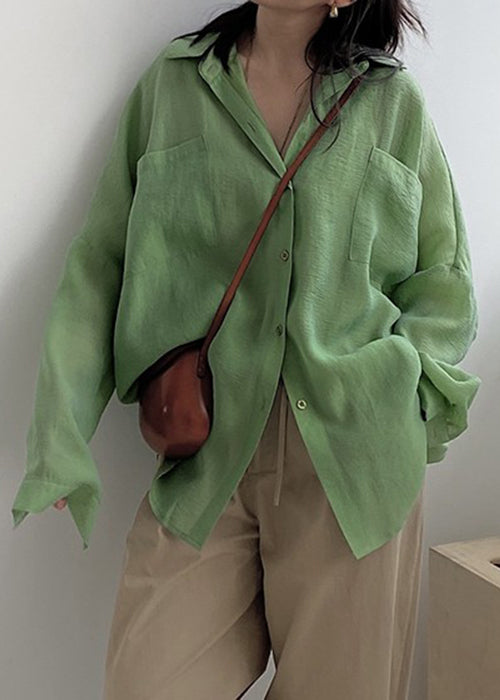 Plus Size Green Button Pockets Solid Cotton Blouses Fall