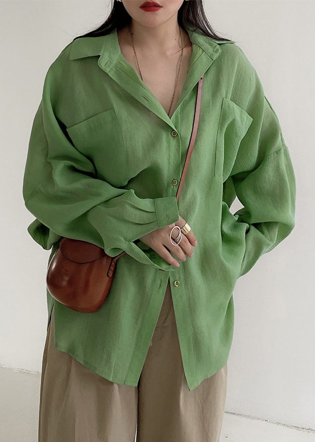 Plus Size Green Button Pockets Solid Cotton Blouses Fall