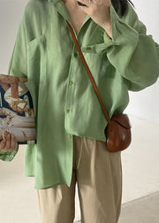 Plus Size Green Button Pockets Solid Cotton Blouses Fall