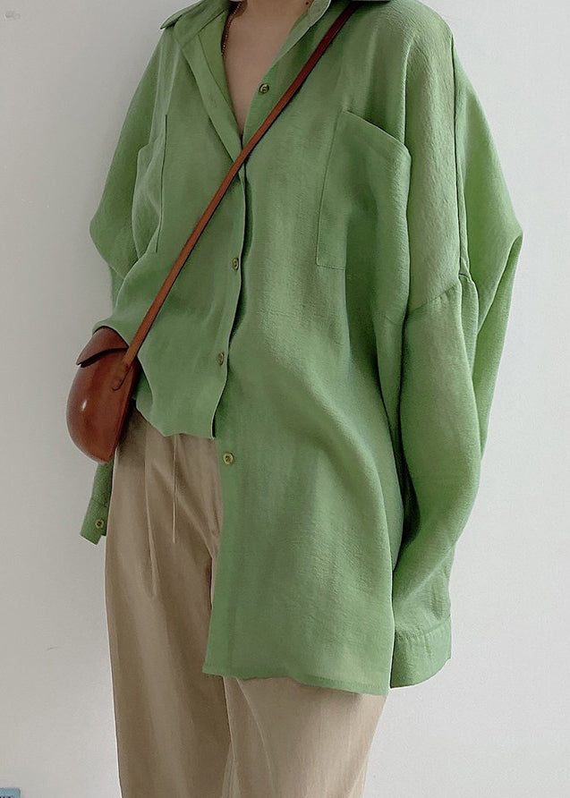 Plus Size Green Button Pockets Solid Cotton Blouses Fall