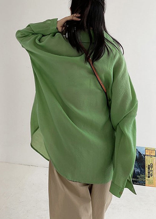 Plus Size Green Button Pockets Solid Cotton Blouses Fall