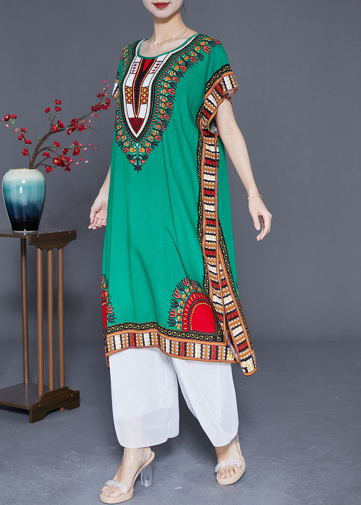 Plus Size Green Oversized Print Cotton Maxi Dresses Summer