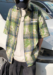 Plus Size Green Plaid Tie Dye Cotton Men Shirts Summer