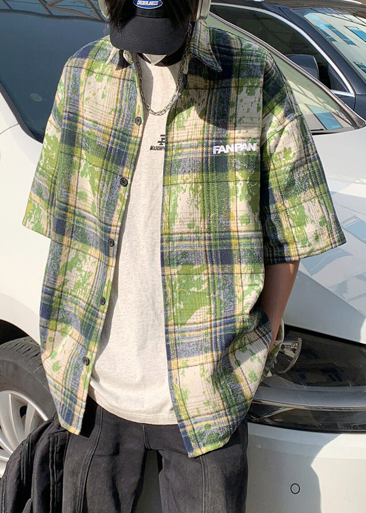 Plus Size Green Plaid Tie Dye Cotton Men Shirts Summer