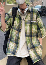 Plus Size Green Plaid Tie Dye Cotton Men Shirts Summer