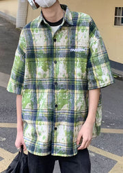 Plus Size Green Plaid Tie Dye Cotton Men Shirts Summer