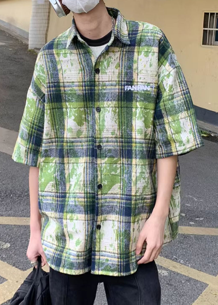 Plus Size Green Plaid Tie Dye Cotton Men Shirts Summer