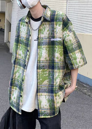 Plus Size Green Plaid Tie Dye Cotton Men Shirts Summer