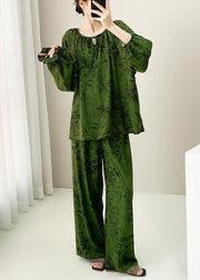 Plus Size Green Print Lace Up Cotton Pajamas Two Pieces Set Fall