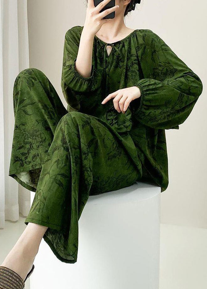 Plus Size Green Print Lace Up Cotton Pajamas Two Pieces Set Fall