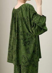 Plus Size Green Print Lace Up Cotton Pajamas Two Pieces Set Fall