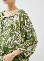 Plus Size Green Ruffled Print Linen Two-Piece Set Fall