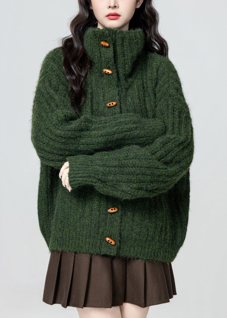 Plus Size Green Stand Collar Button Cozy Knit Coat Winter