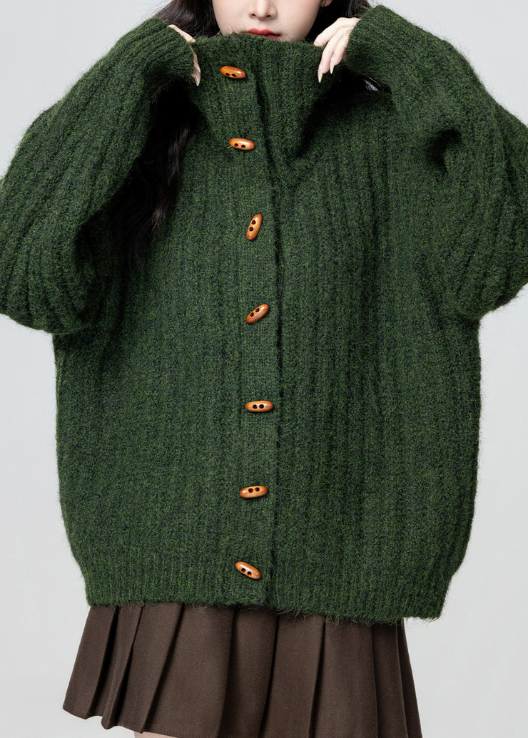 Plus Size Green Stand Collar Button Cozy Knit Coat Winter
