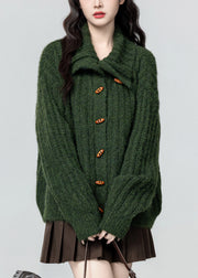 Plus Size Green Stand Collar Button Cozy Knit Coat Winter