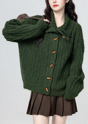 Plus Size Green Stand Collar Button Cozy Knit Coat Winter