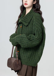 Plus Size Green Stand Collar Button Cozy Knit Coat Winter