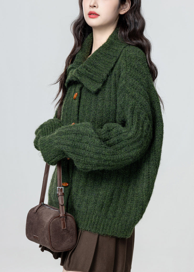 Plus Size Green Stand Collar Button Cozy Knit Coat Winter