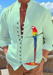 Plus Size Green Stand Collar Print Button Cotton Men Shirts Fall