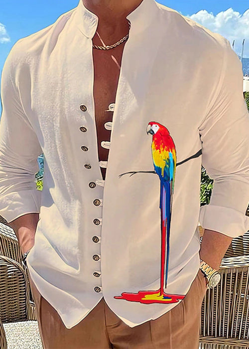 Plus Size Green Stand Collar Print Button Cotton Men Shirts Fall