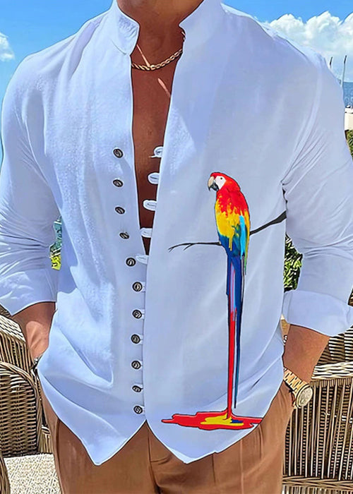 Plus Size Green Stand Collar Print Button Cotton Men Shirts Fall